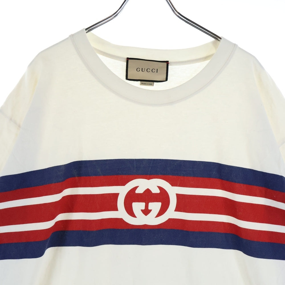 GUCCI(グッチ) 21SS INTERLOCKING G STRIPE PRINT TEE インターロッキング ストライプ クルーネック半袖プリントTシャツ カットソー ホワイト 616036 XJDAG