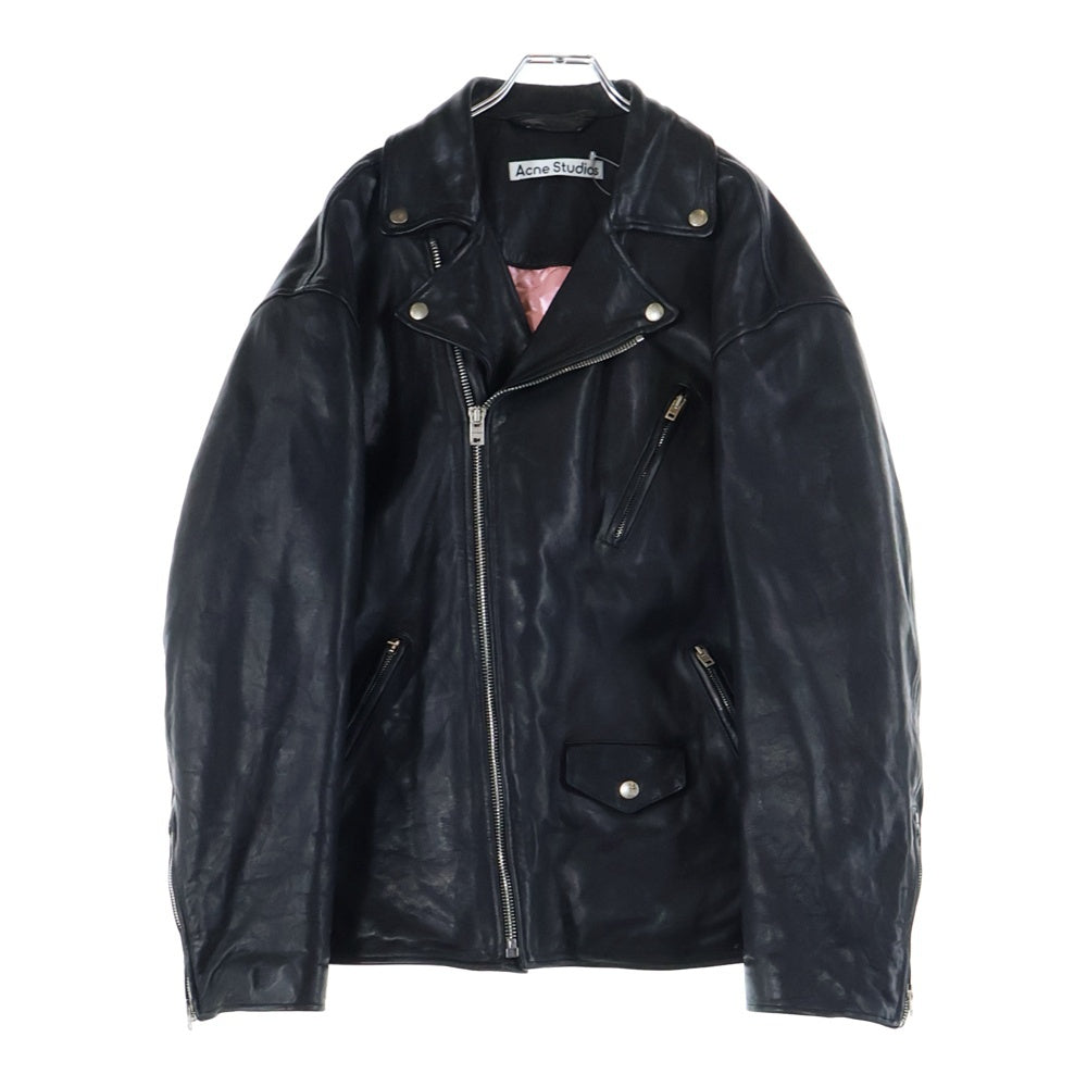 Acne Studios(アクネ ストゥディオズ) DISTRESSED LEATHER JACKET バックロゴ刺繍 ラムレザー ダブルライダースジャケット ブラック FN-MN-LEAT000212 レディース