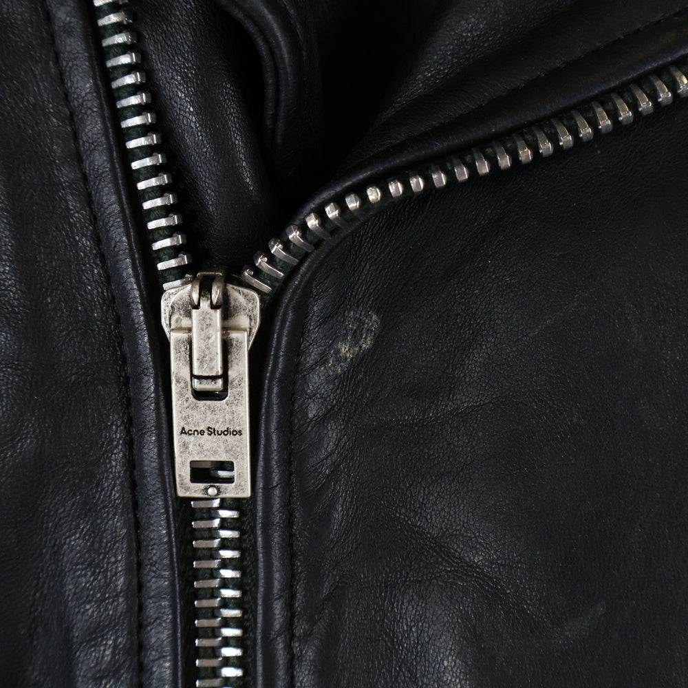 Acne Studios(アクネ ストゥディオズ) DISTRESSED LEATHER JACKET バックロゴ刺繍 ラムレザー ダブルライダースジャケット ブラック FN-MN-LEAT000212 レディース