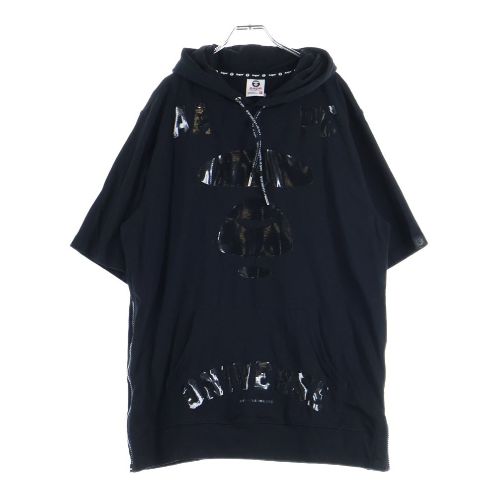 AAPE BY A BATHING APE(エーエイプバイアベイシングエイプ) 両面エナメルプリント サイドジップスリット スウェット フーデット 半袖プルオーバーパーカー ブラック AAPTEM2729XX6