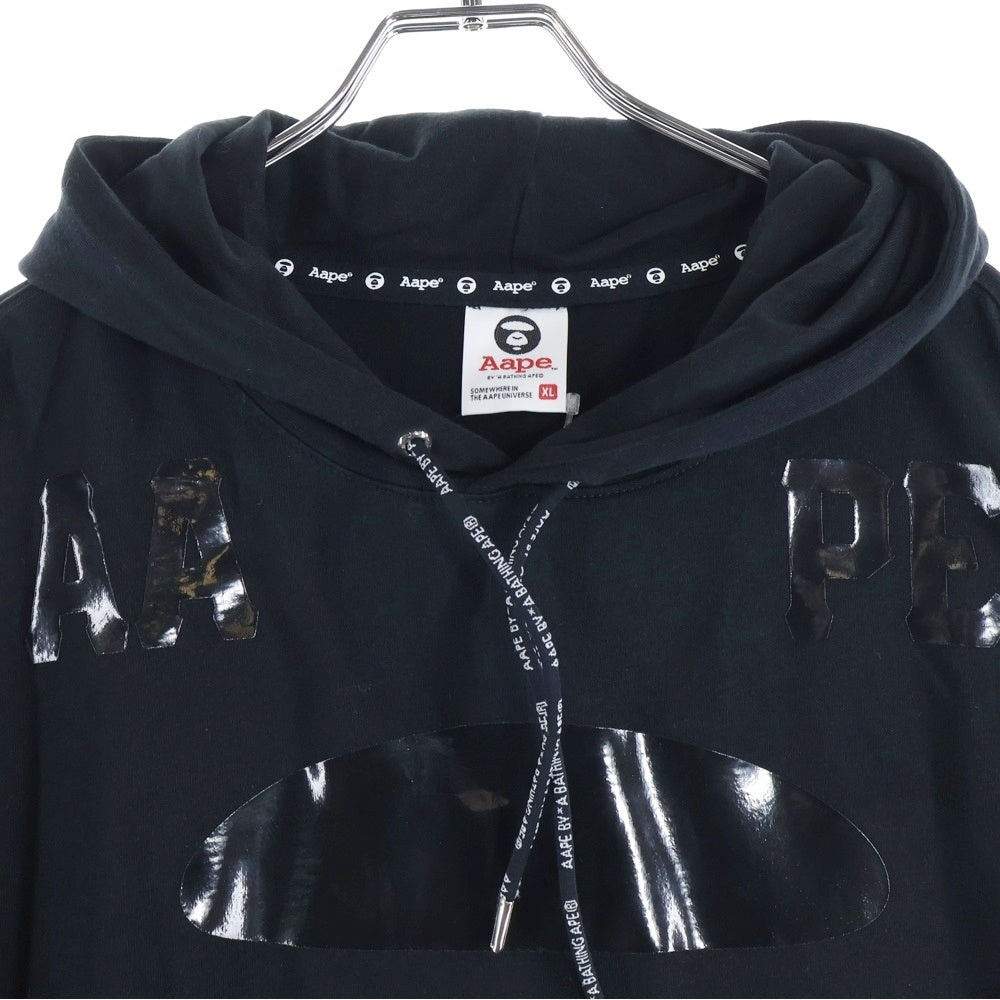 AAPE BY A BATHING APE(エーエイプバイアベイシングエイプ) 両面エナメルプリント サイドジップスリット スウェット フーデット 半袖プルオーバーパーカー ブラック AAPTEM2729XX6