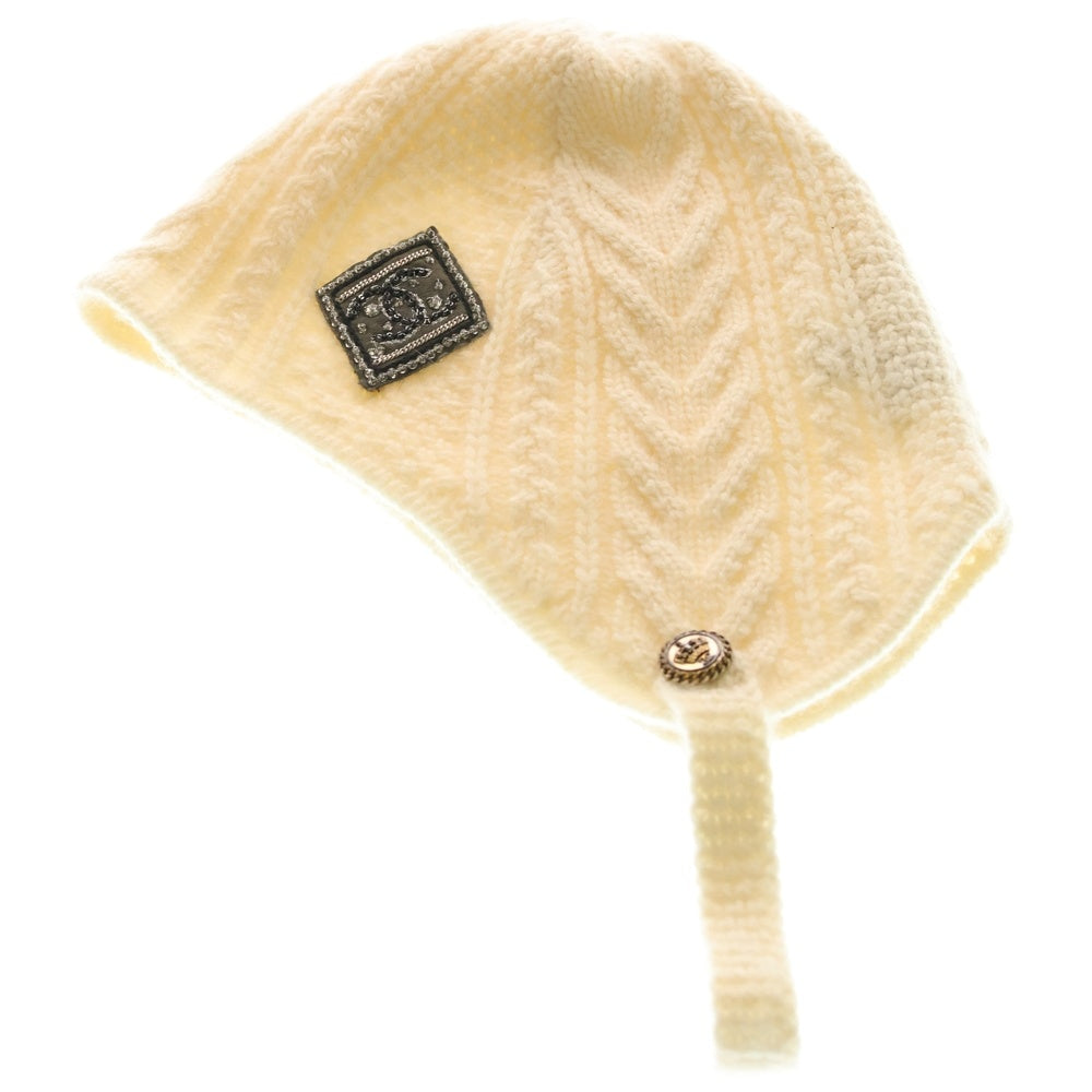 CHANEL(シャネル) ココマークワッペン カシミア ニットキャップ 帽子 アイボリー レディース