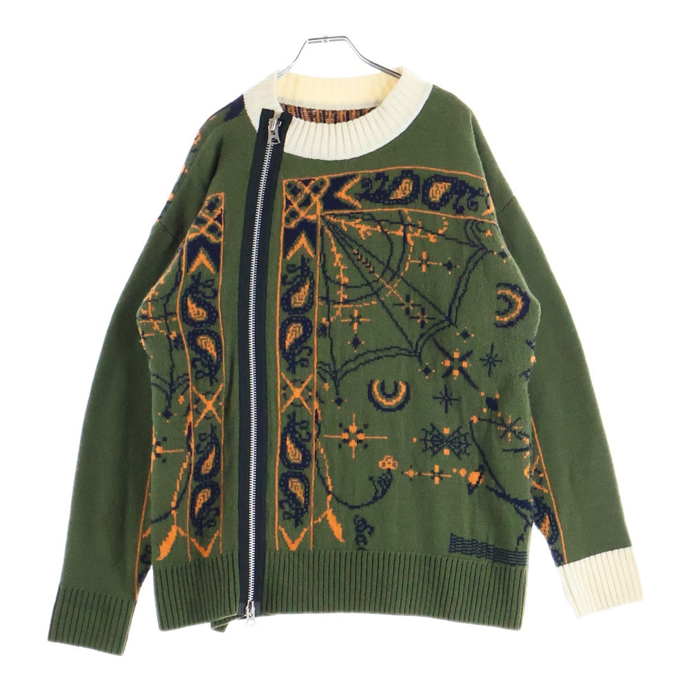 Sacai(サカイ) 20AW ×Dr.Woo ドクターウ 総柄 ジップアップ クルーネックニットセーター グリーン/オレンジ 20-02341M