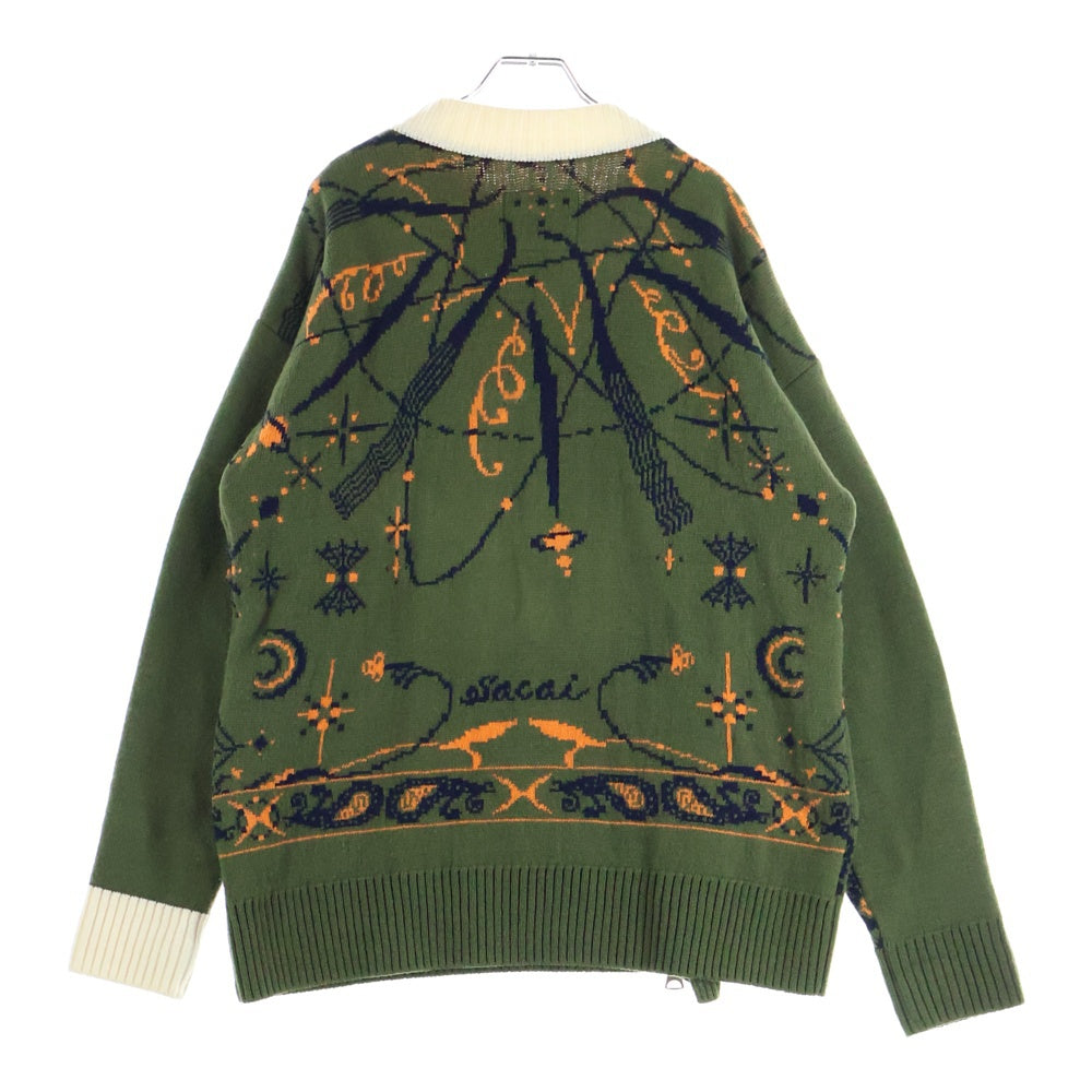 Sacai(サカイ) 20AW ×Dr.Woo ドクターウ 総柄 ジップアップ クルーネックニットセーター グリーン/オレンジ 20-02341M