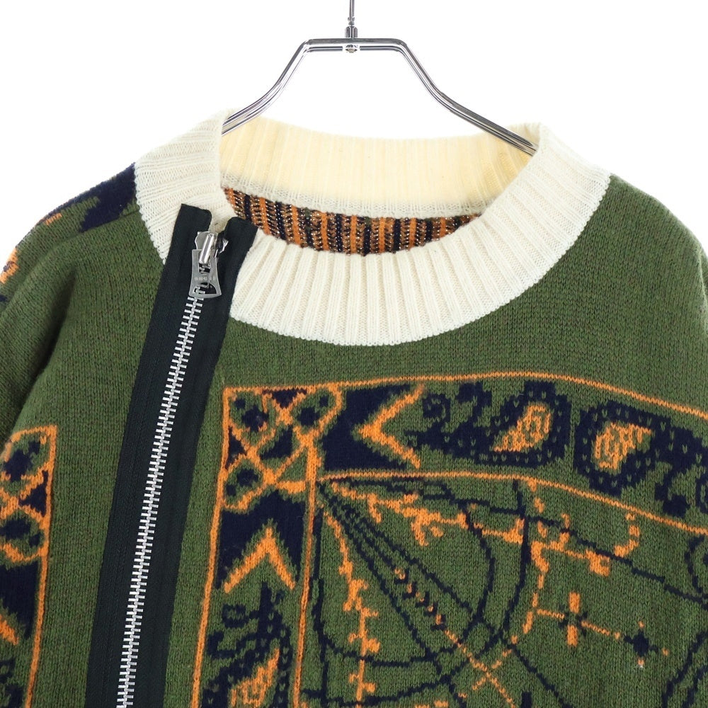 Sacai(サカイ) 20AW ×Dr.Woo ドクターウ 総柄 ジップアップ クルーネックニットセーター グリーン/オレンジ 20-02341M