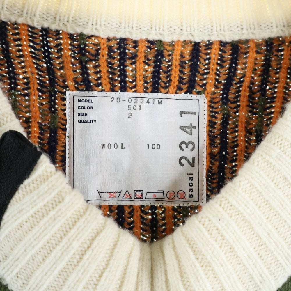 Sacai(サカイ) 20AW ×Dr.Woo ドクターウ 総柄 ジップアップ クルーネックニットセーター グリーン/オレンジ 20-02341M