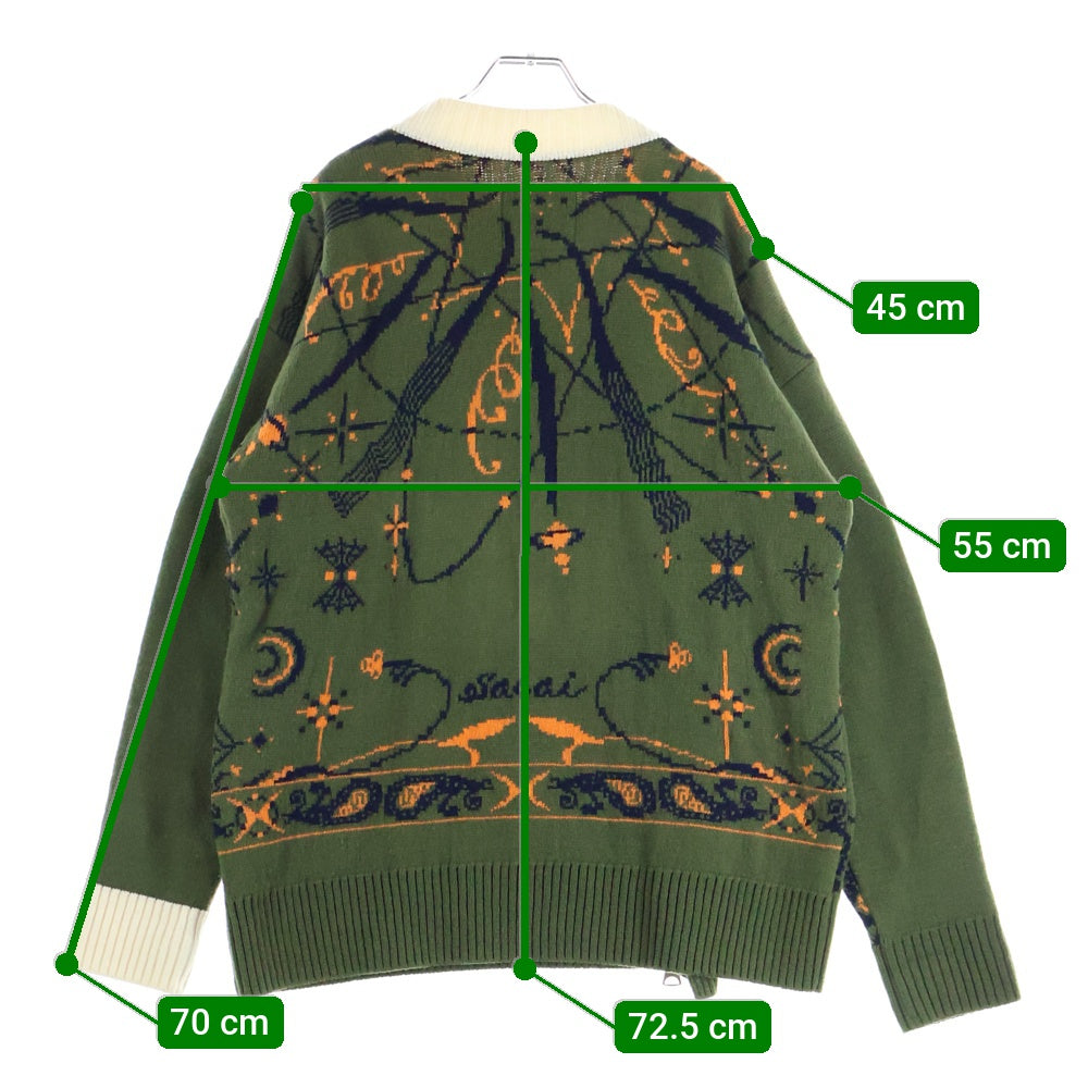 Sacai(サカイ) 20AW ×Dr.Woo ドクターウ 総柄 ジップアップ クルーネックニットセーター グリーン/オレンジ 20-02341M