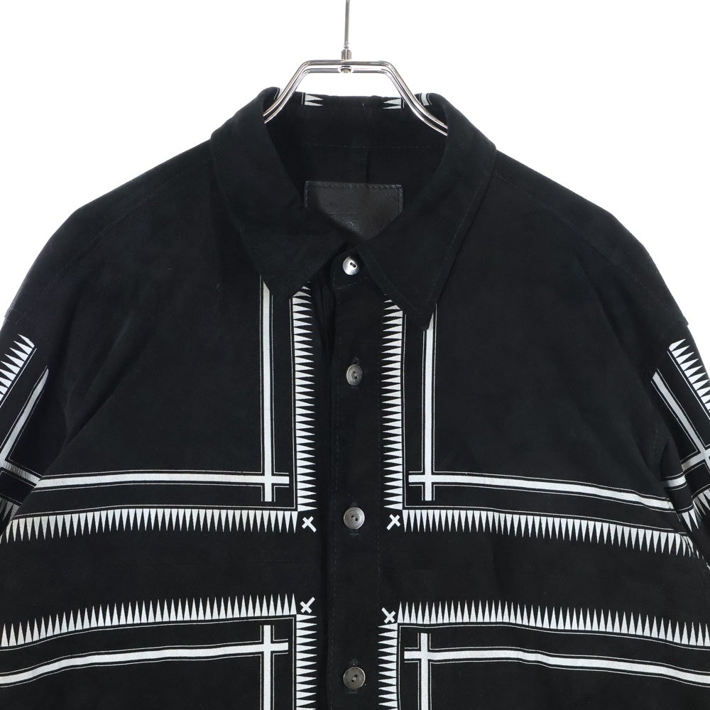 ISAMU KATAYAMA BACKLASH(イサムカタヤマバックラッシュ) 21SS CROSS SHIRT カンガルスエードレザー 長袖クロスプリントシャツ ブラック 1929-02