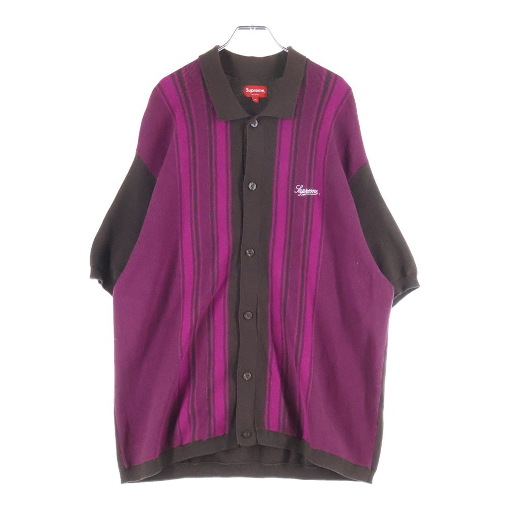SUPREME(シュプリーム) 22SS Stripe Button Up Polo ストライプ ボタンアップ ロゴエンブロイダリー 半袖ニットポロシャツ ブラウン/ピンク