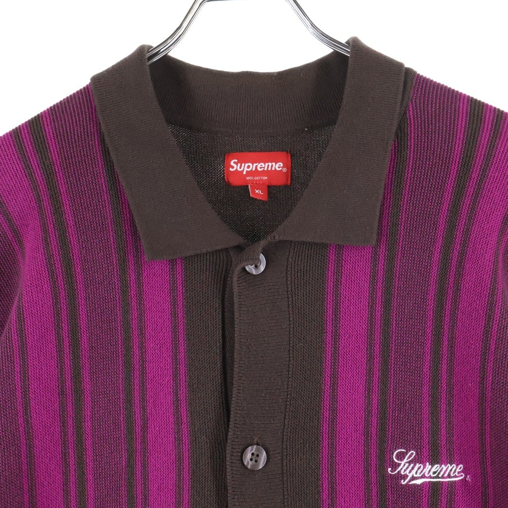 SUPREME(シュプリーム) 22SS Stripe Button Up Polo ストライプ ボタンアップ ロゴエンブロイダリー 半袖ニットポロシャツ ブラウン/ピンク