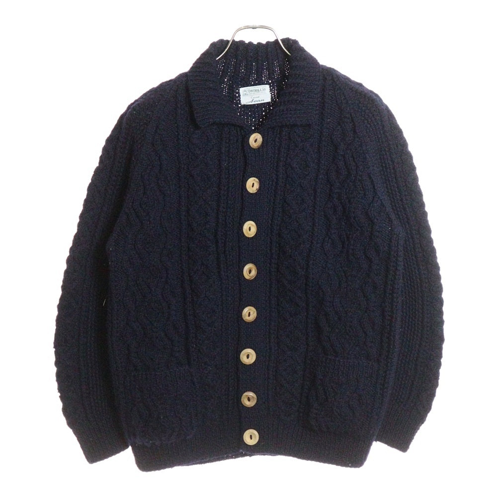 INVERALLAN(インバーアラン) 3A ウールケーブルニット レギュラーカラー カーディガン セーター ネイビー