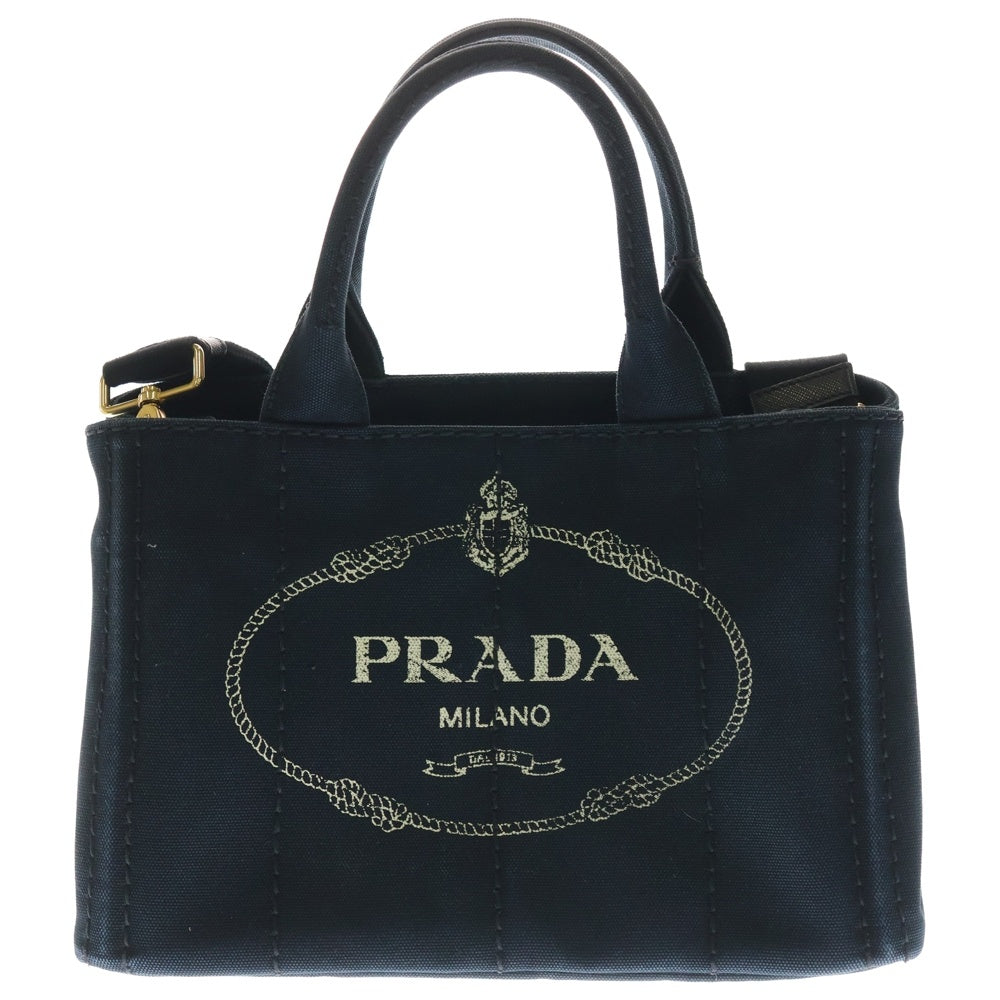 PRADA(プラダ) カナパミニ 2WAYトート ハンド ショルダーバッグ ネイビー キャンバス ゴールド金具 レディース