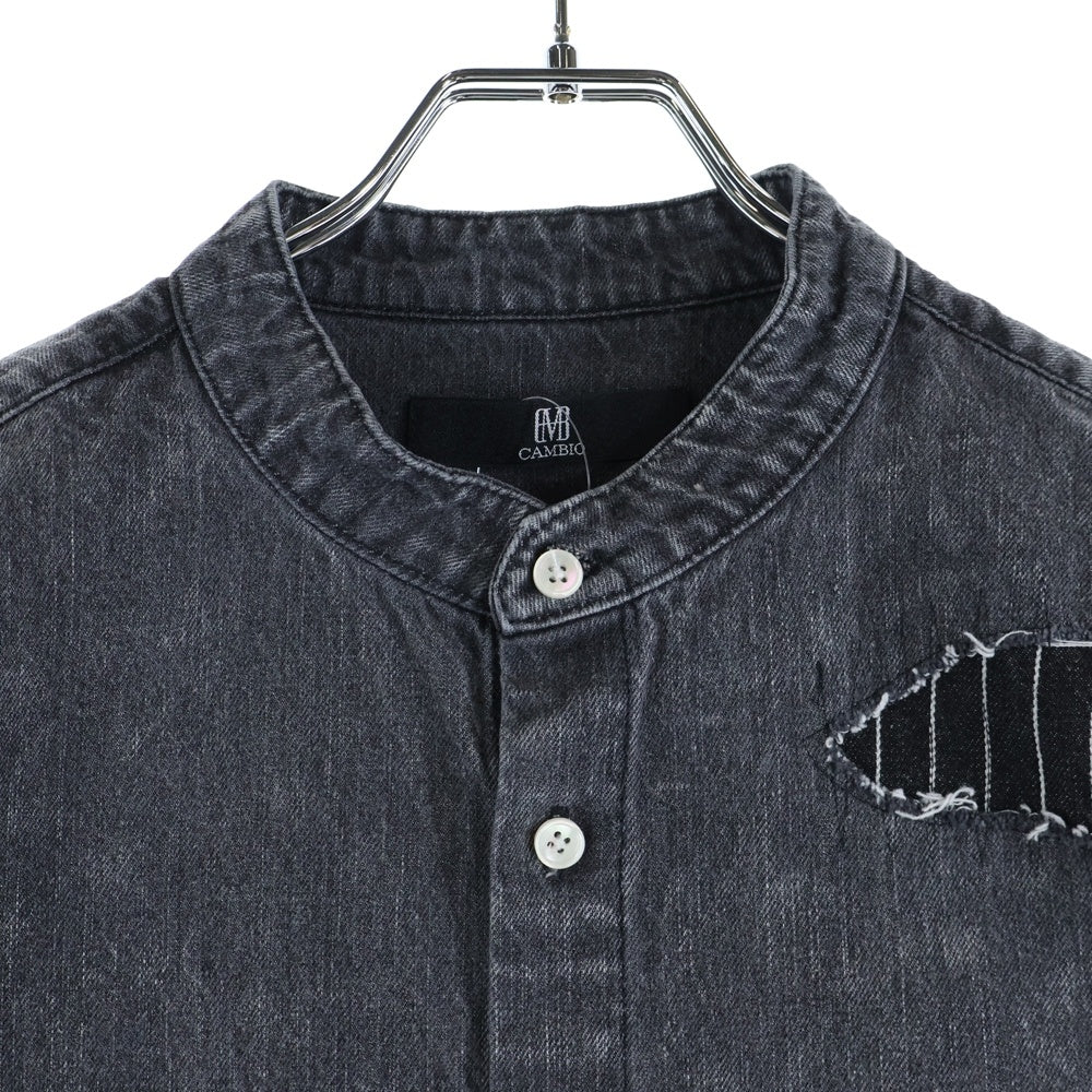 CAMBIO(カンビオ) Chemical Wash Denim Distressed Shirts ケミカルウォッシュ ディストレス 長袖ノーカラーデニムシャツ グレー MIU-242-009