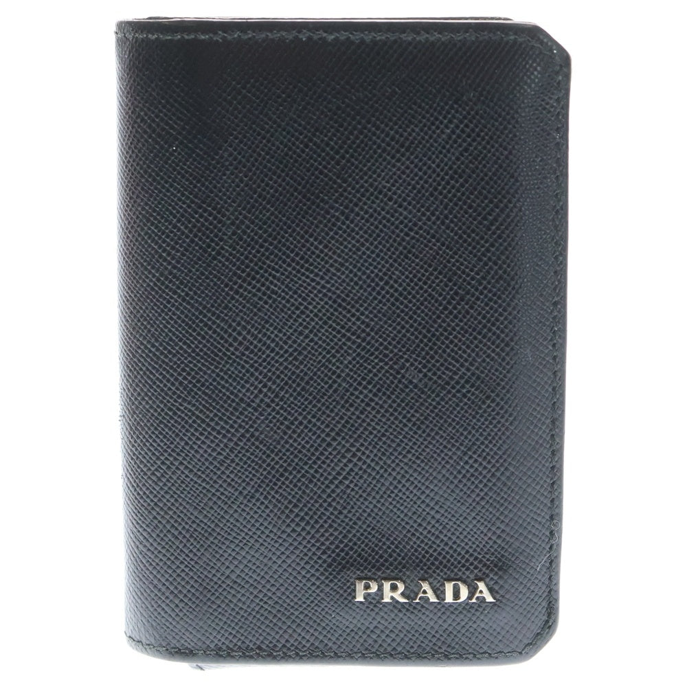 PRADA(プラダ) フロントロゴプレート レザー コンパクトカードケース 二つ折り財布 ブラック