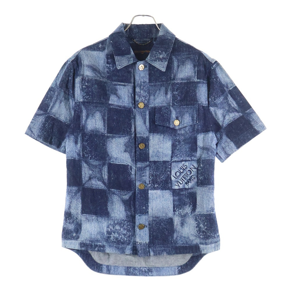 LOUIS VUITTON(ルイヴィトン) 21SS ダミエ ソルト ロゴデザイン 胸ポケット デニム 半袖シャツ インディゴ RM212M DR0 HLS03W