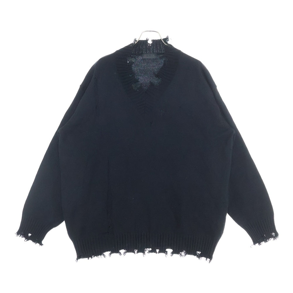 s'yte(サイト) 7G BULKY WOOL DAMAGE V NECK PULLOVER ウール ダメージ加工 Vネック プルオーバー ニットセーター ブラック UM-K48-613