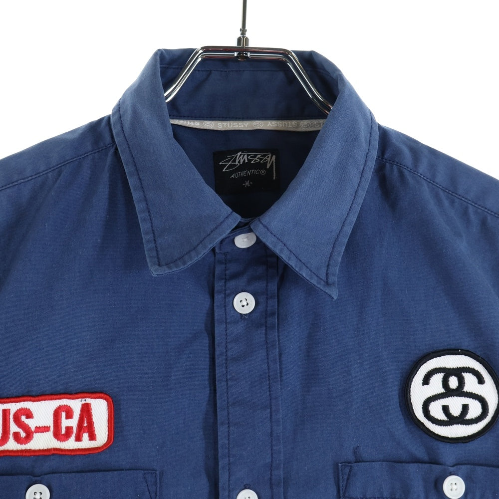 STUSSY(ステューシー) コットン ロゴワッペン 半袖 ワークシャツ ネイビー