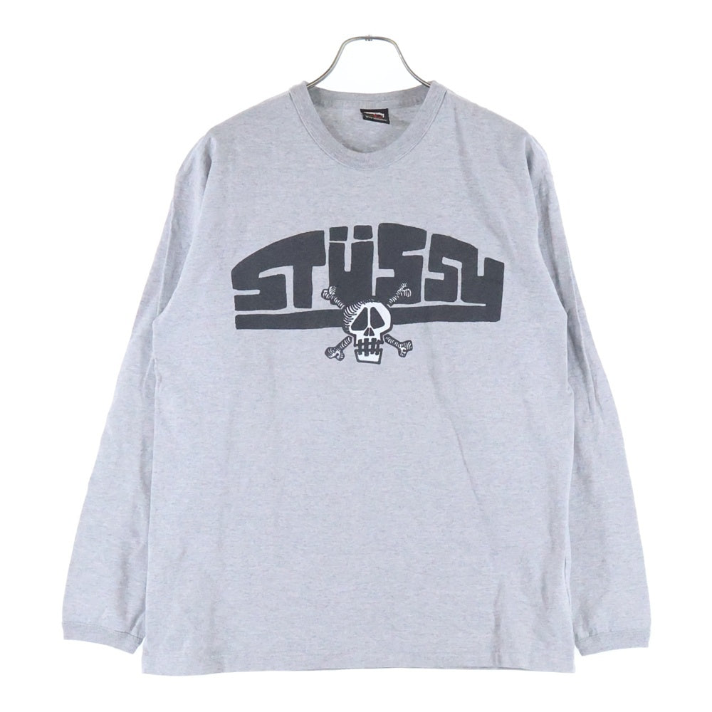 STUSSY(ステューシー) SKULL LOGO L/S TEE スカル フロントロゴプリントTシャツ メキシコ製 長袖クルーネックカットソー グレー