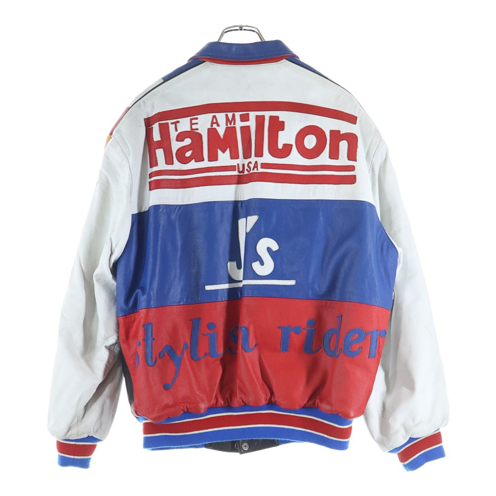 JEFFHAMILTON(ジェフハミルトン) 90S VINTAGE LEATHER STADIUM JACKET 胸ロゴ スタジャン レザージャケット ブルゾン ブラック/レッド/ブルー