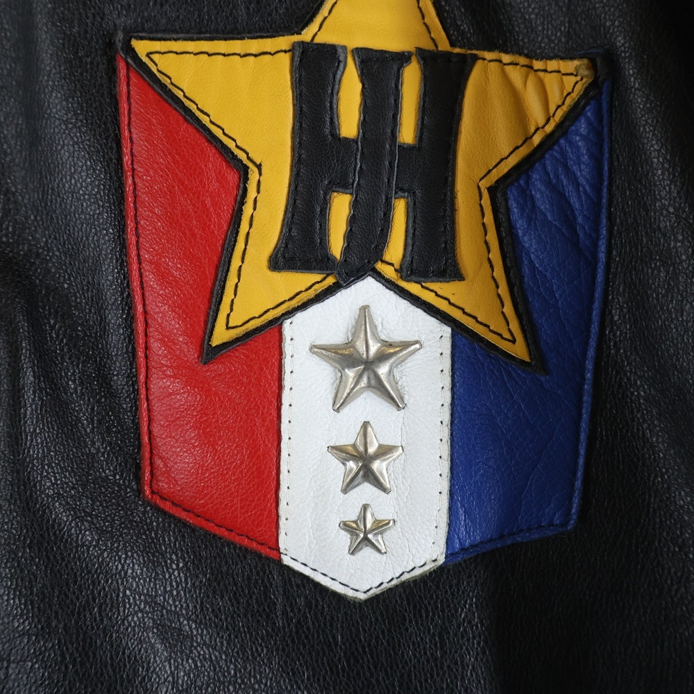 JEFFHAMILTON(ジェフハミルトン) 90S VINTAGE LEATHER STADIUM JACKET 胸ロゴ スタジャン レザージャケット ブルゾン ブラック/レッド/ブルー