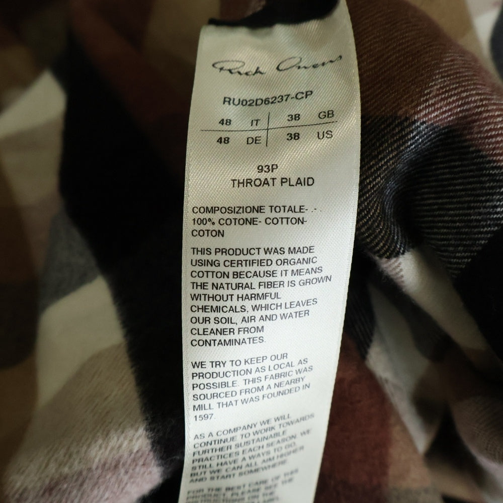 Rick Owens(リックオウエンス) 24AW フランネル チェックシャツ ブラウン RU02D6237-CP