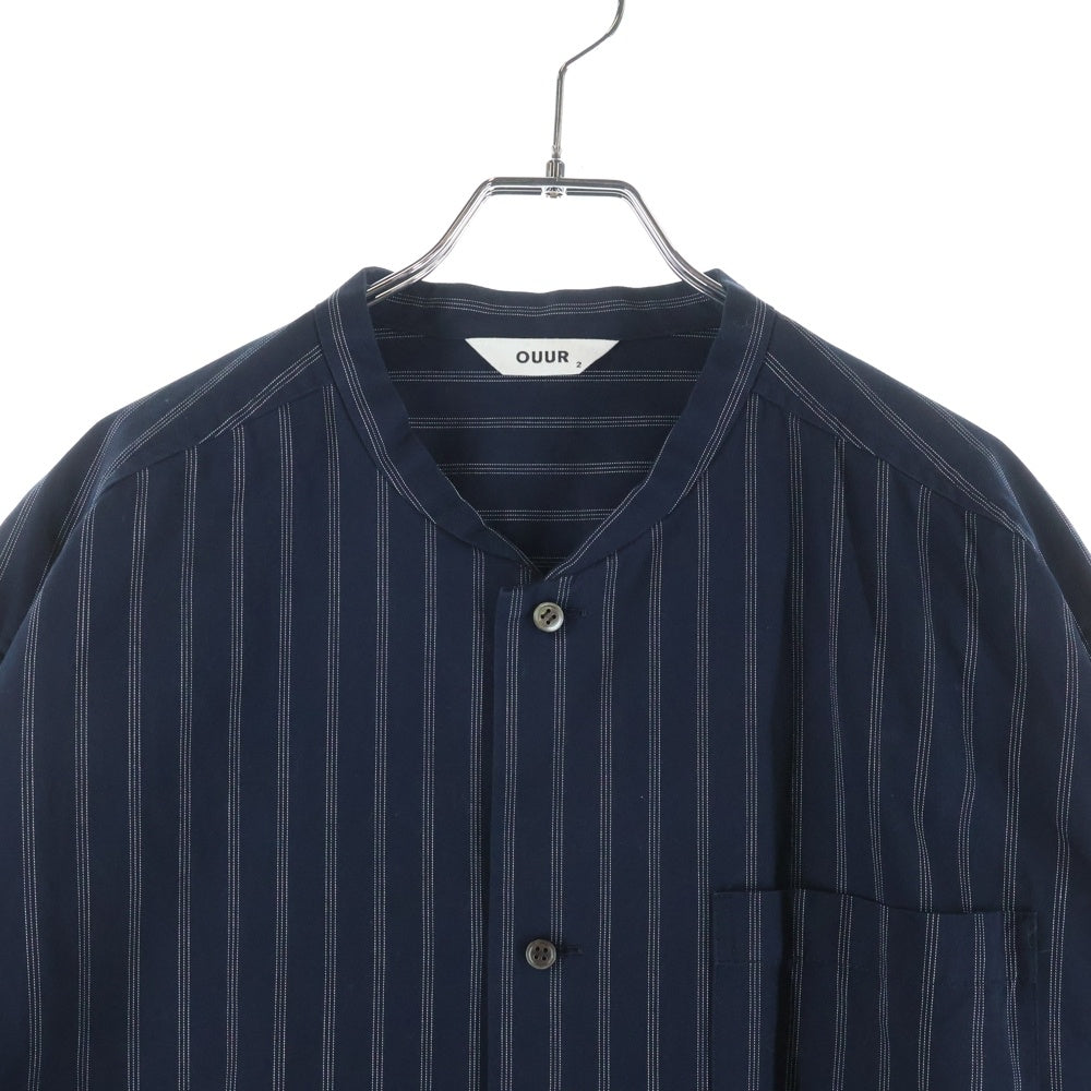 NO BRAND(ノーブランド) OUUR ストライプ バンドカラー コットン シャツ ネイビー 1901-0000029