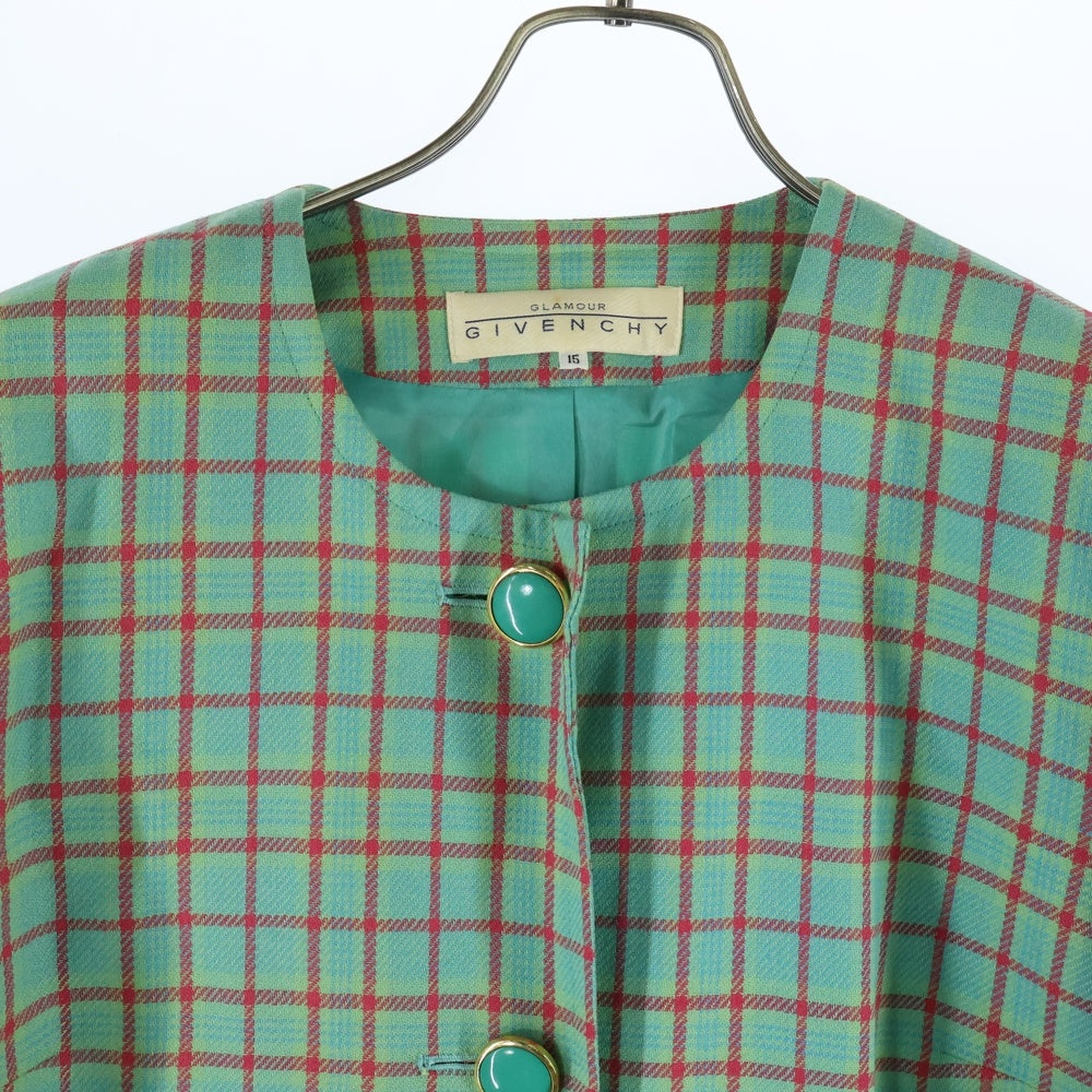 GIVENCHY(ジバンシィ) GLAMOUR チェック柄 ウール ノーカラージャケット グリーン/レッド レディース 413896-59
