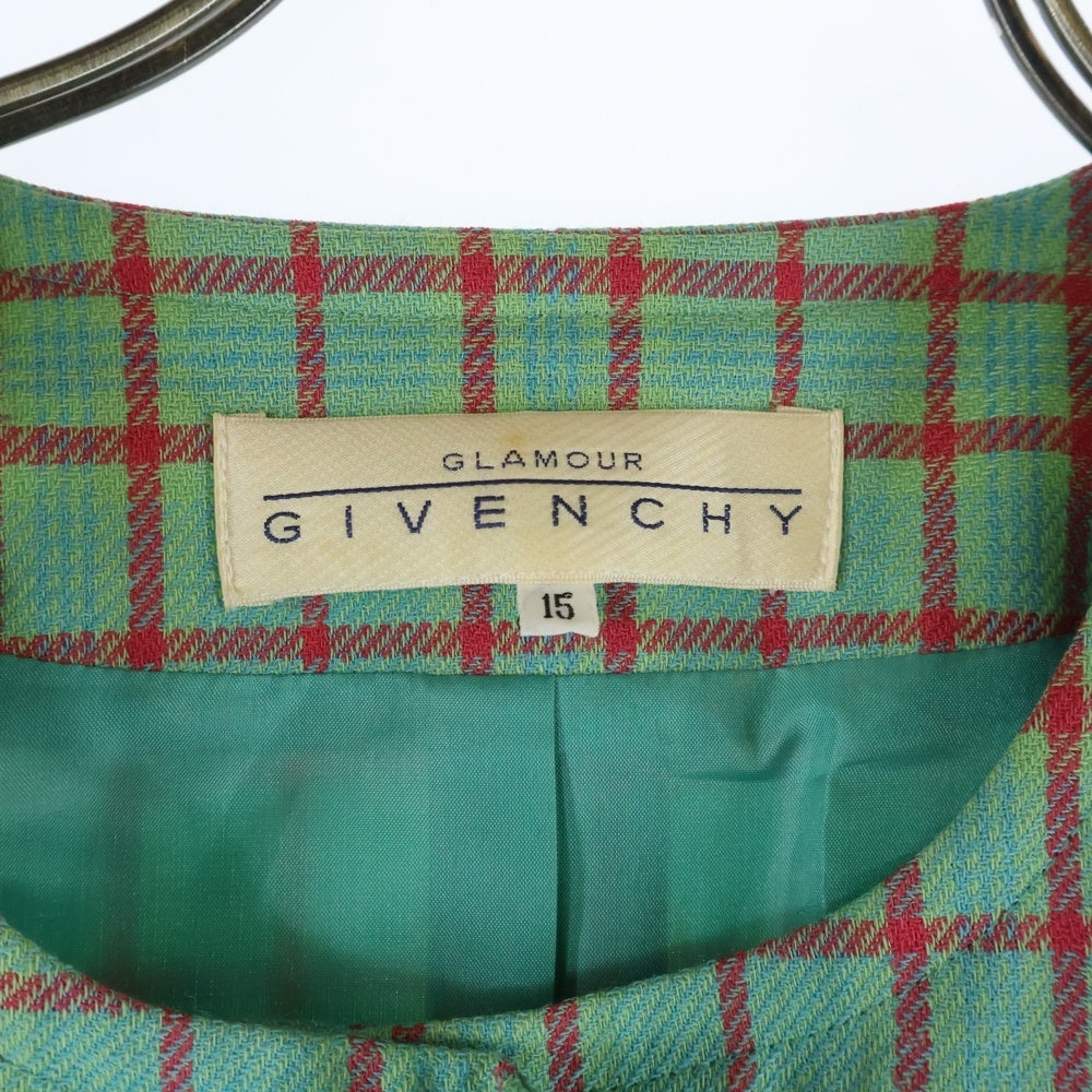 GIVENCHY(ジバンシィ) GLAMOUR チェック柄 ウール ノーカラージャケット グリーン/レッド レディース 413896-59