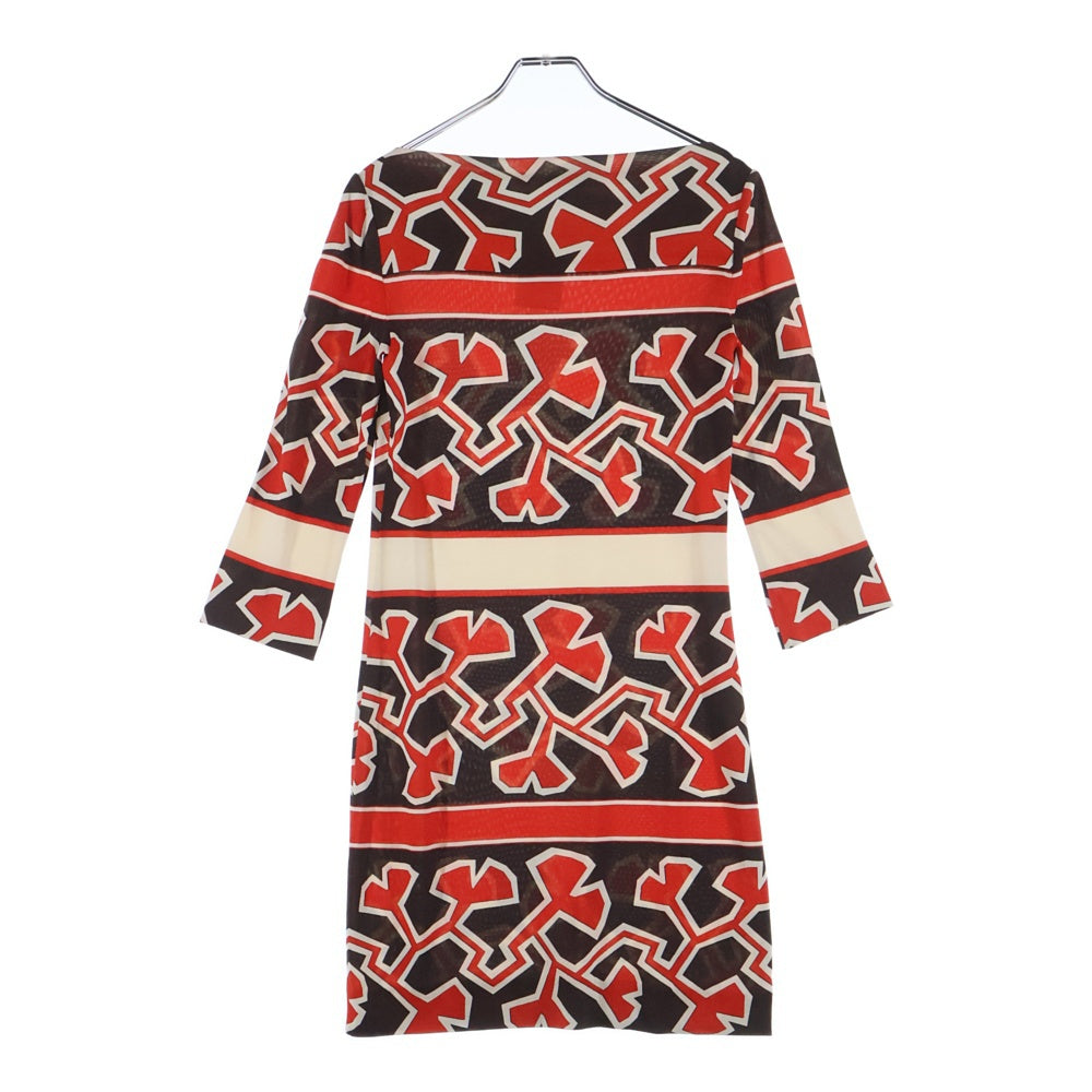 DIANE VON FURSTENBERG(ダイアン フォン ファステンバーグ) 総柄プリント シルクストレッチ 七分袖ワンピース レッド/ブラウン レディース