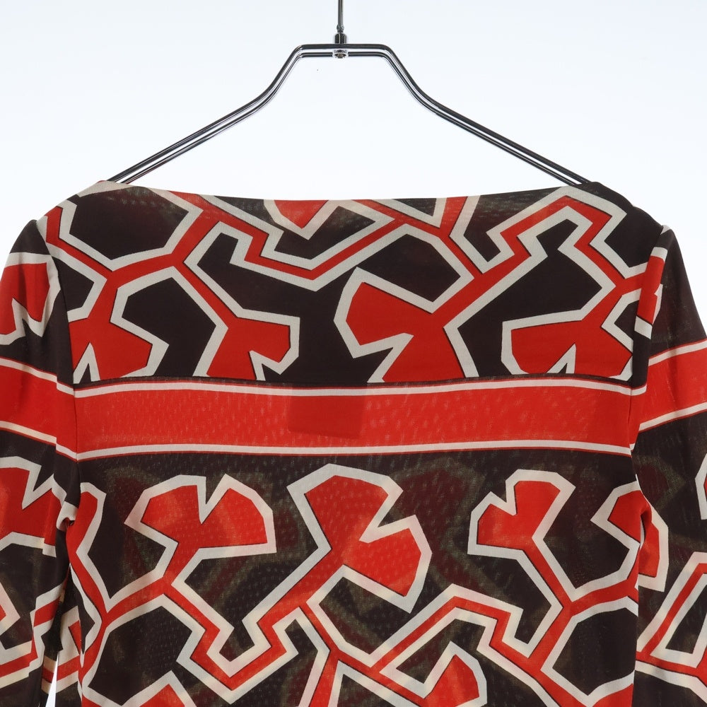 DIANE VON FURSTENBERG(ダイアン フォン ファステンバーグ) 総柄プリント シルクストレッチ 七分袖ワンピース レッド/ブラウン レディース