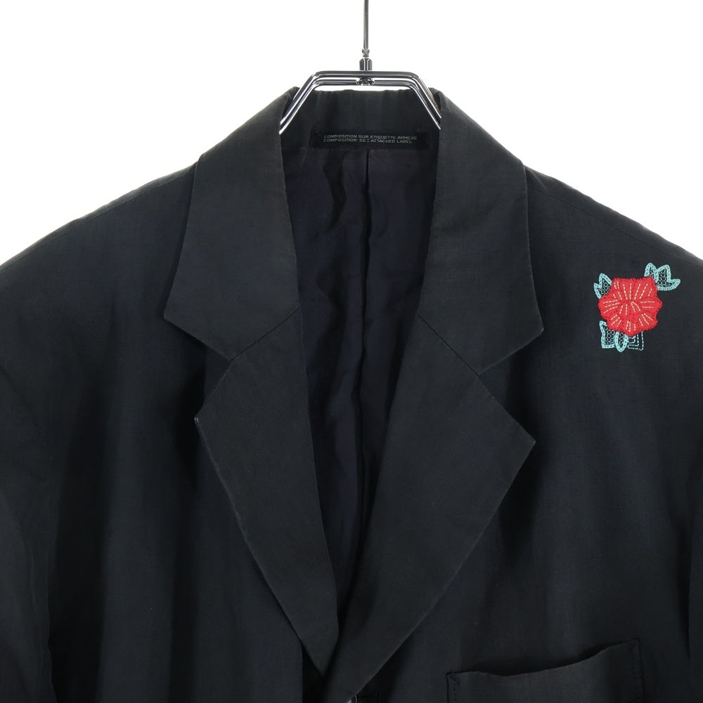 Yohji Yamamoto POUR HOMME(ヨウジヤマモト プールオム) 98SS 花刺繍 リネン 3B ロングテーラードジャケット コート ブラック HJ-J97-378
