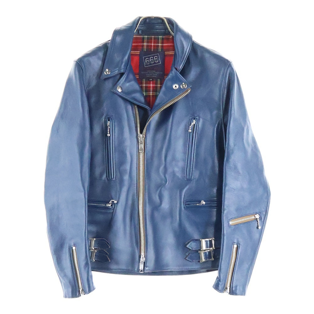 666 LEATHER WEAR(トリプルシックスレザーウェア) LJM-1TF マルチポケット ダブル タータンチェック柄 レザージャケット ライダースジャケット ブルー