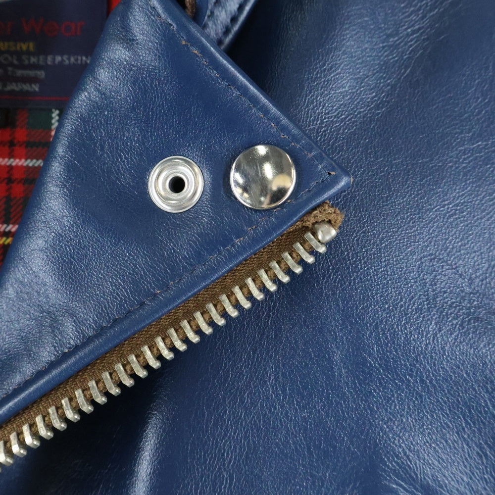 666 LEATHER WEAR(トリプルシックスレザーウェア) LJM-1TF マルチポケット ダブル タータンチェック柄 レザージャケット ライダースジャケット ブルー