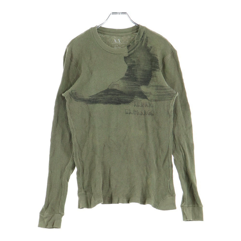 Armani Exchange(アルマーニ エクスチェンジ) フロントバードプリント ワッフル クルーネック 長袖Tシャツ カットソー グリーン