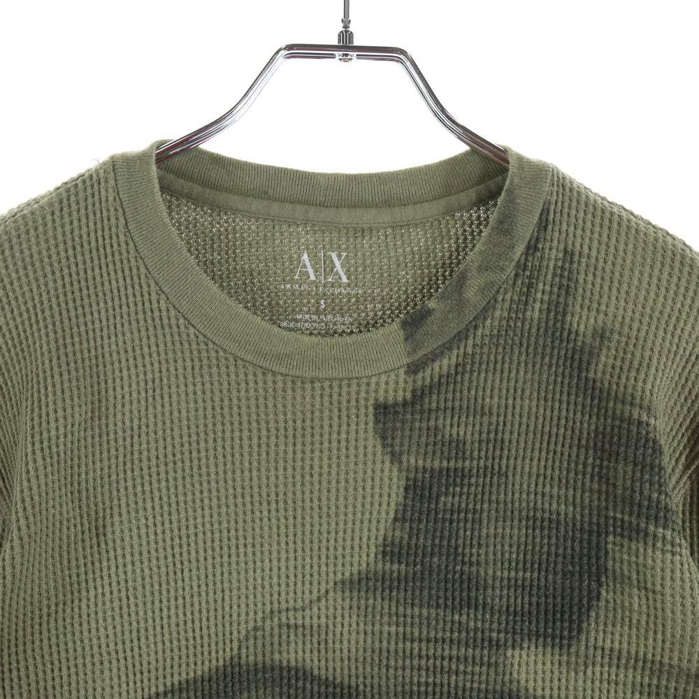 Armani Exchange(アルマーニ エクスチェンジ) フロントバードプリント ワッフル クルーネック 長袖Tシャツ カットソー グリーン