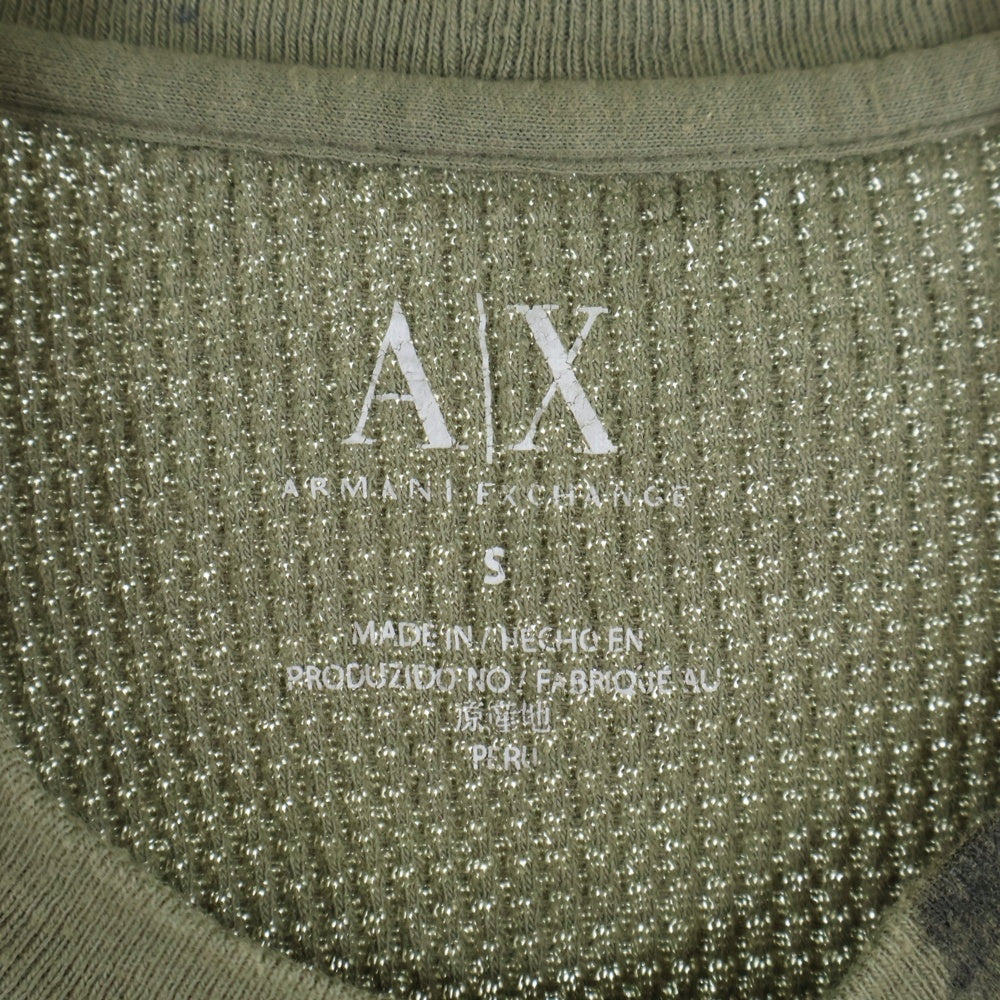 Armani Exchange(アルマーニ エクスチェンジ) フロントバードプリント ワッフル クルーネック 長袖Tシャツ カットソー グリーン
