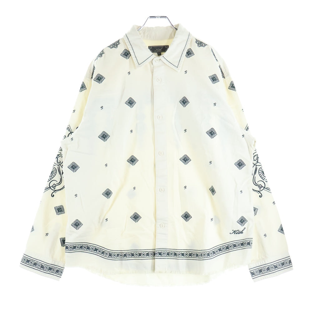 KITH(キス) 25SS RAW HEM DENIM APOLLO SHIRT STADIUM ロー ヘム デニム アポロ スタジアム カットオフ ロングスリーブ長袖シャツ ホワイト/グリーン KHM033140