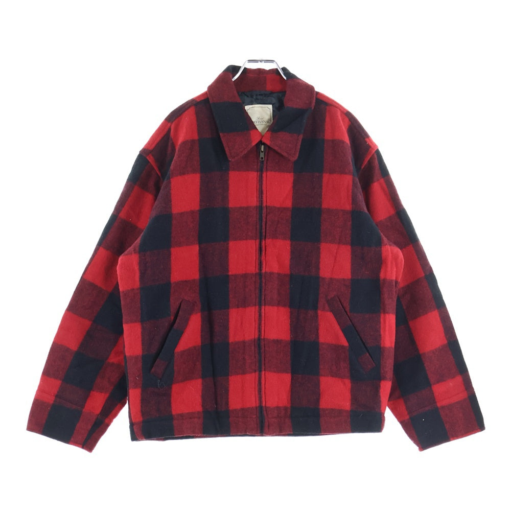 NO BRAND(ノーブランド) ARTISANAT アーティザン 裏地キルティング ウール チェック ジップアップジャケット ブラック/レッド