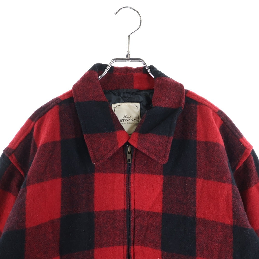 NO BRAND(ノーブランド) ARTISANAT アーティザン 裏地キルティング ウール チェック ジップアップジャケット ブラック/レッド
