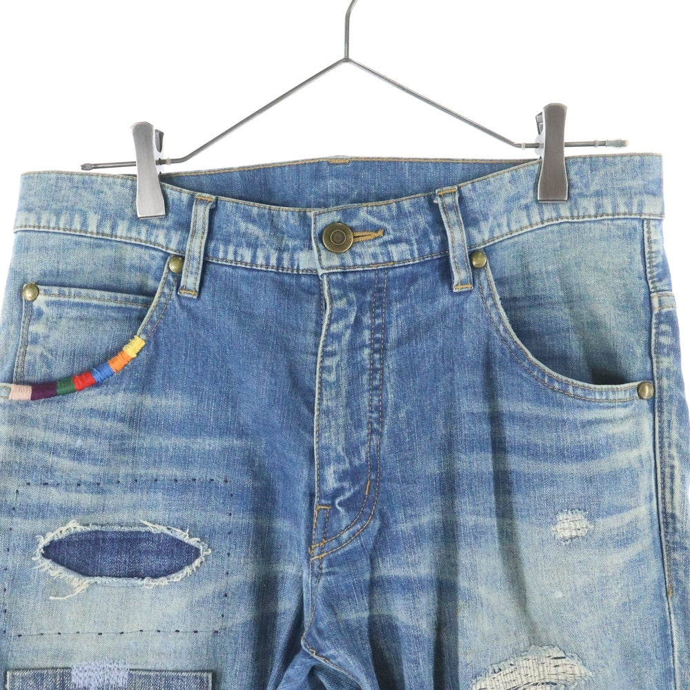 1 PIU 1 UGUALE 3(ウノピゥウノウグァーレトレ) ダメージ加工 パッチワーク スキニーデニムパンツ インディゴ MRP078