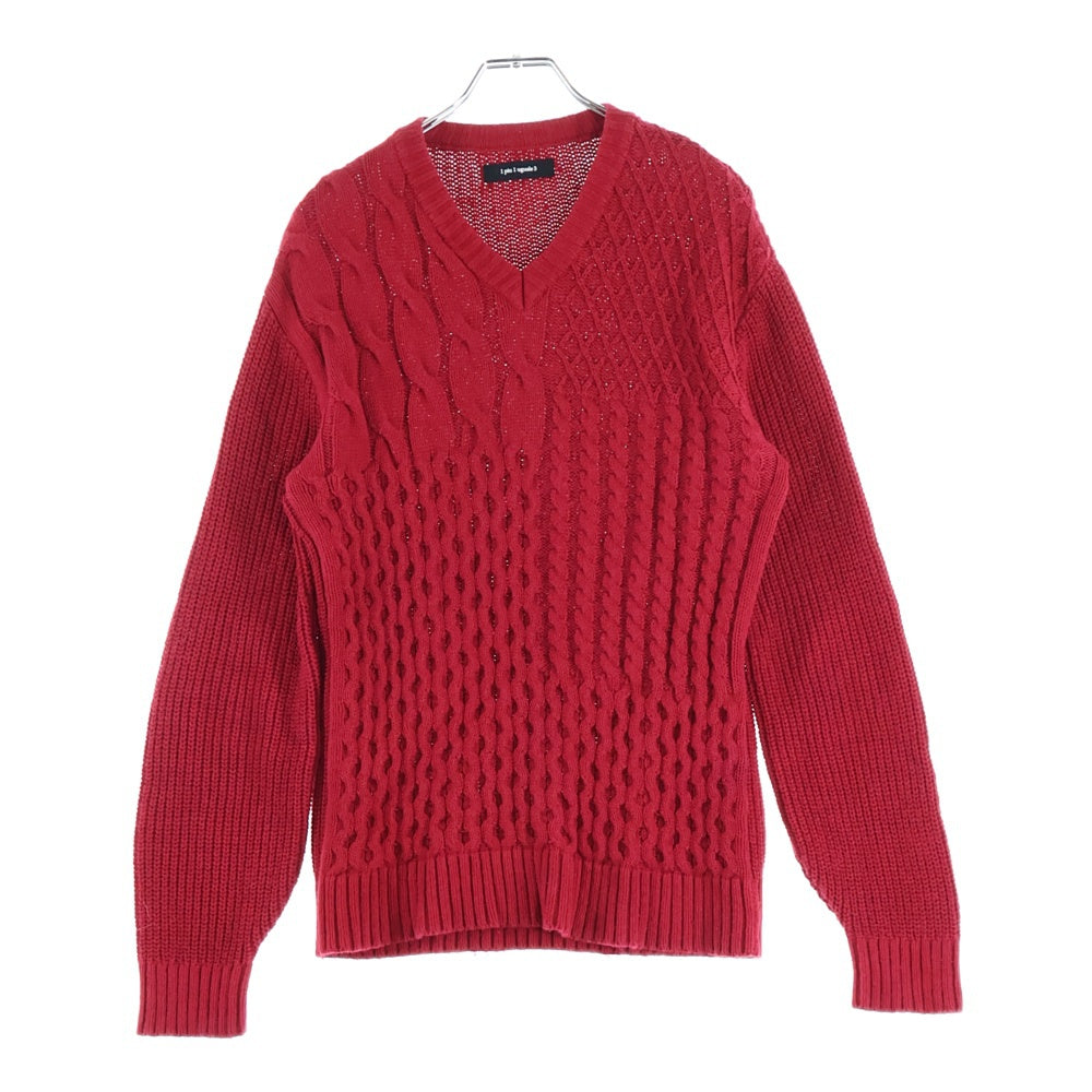1 PIU 1 UGUALE 3(ウノピゥウノウグァーレトレ) RAFFY COTTON CABLE PATCH V-NECK ブイネック ケーブル ニットセーター レッド MRK146