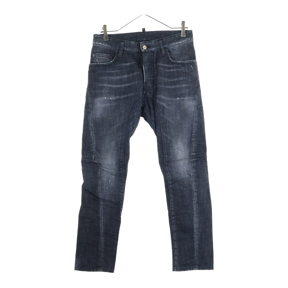 DSQUARED2(ディースクエアード) 23SS ロゴ パッチ コットン スリム カット ダメージウォッシュ加工 ボタンフライ デニムパンツ ブラック S71LB1140