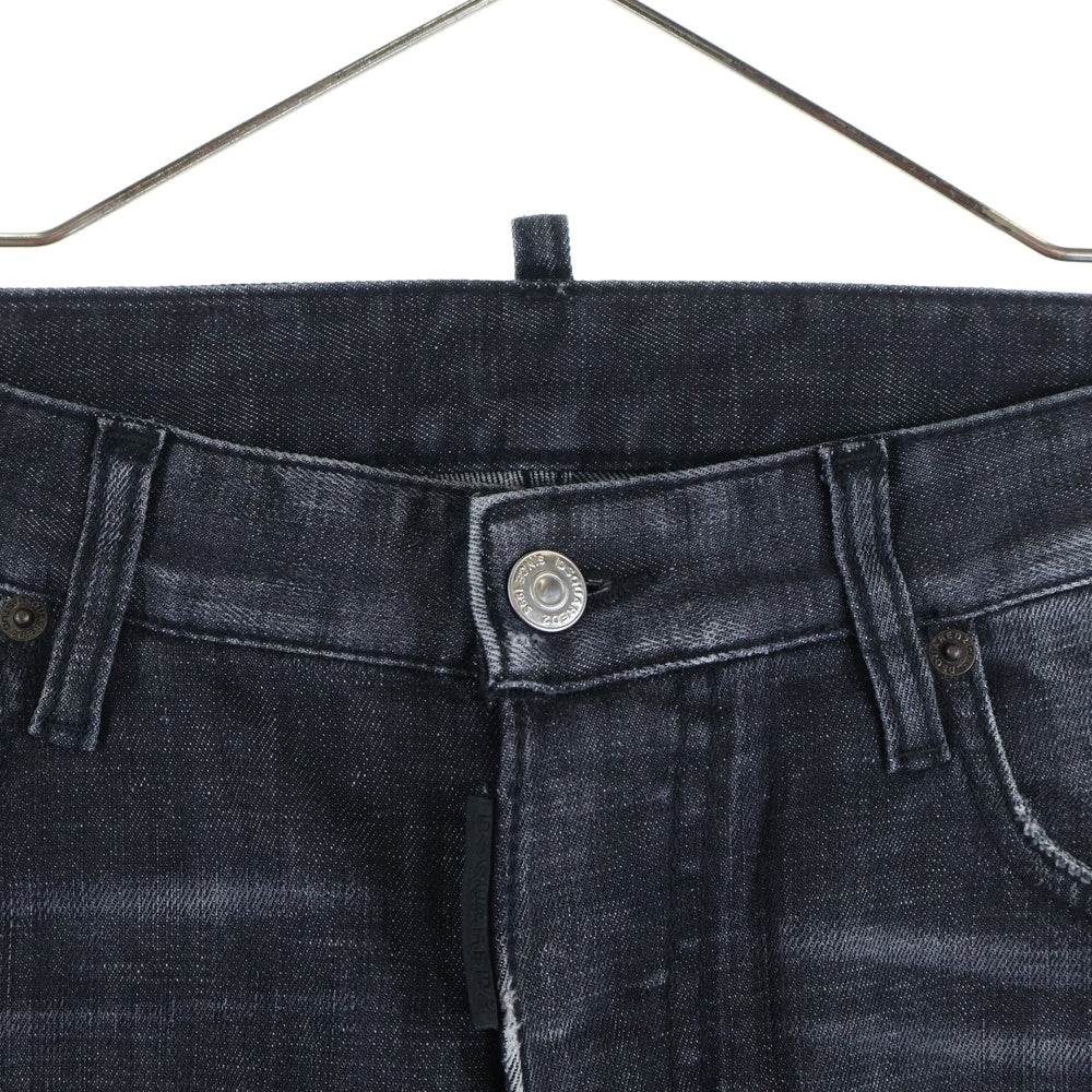 DSQUARED2(ディースクエアード) 23SS ロゴ パッチ コットン スリム カット ダメージウォッシュ加工 ボタンフライ デニムパンツ ブラック S71LB1140