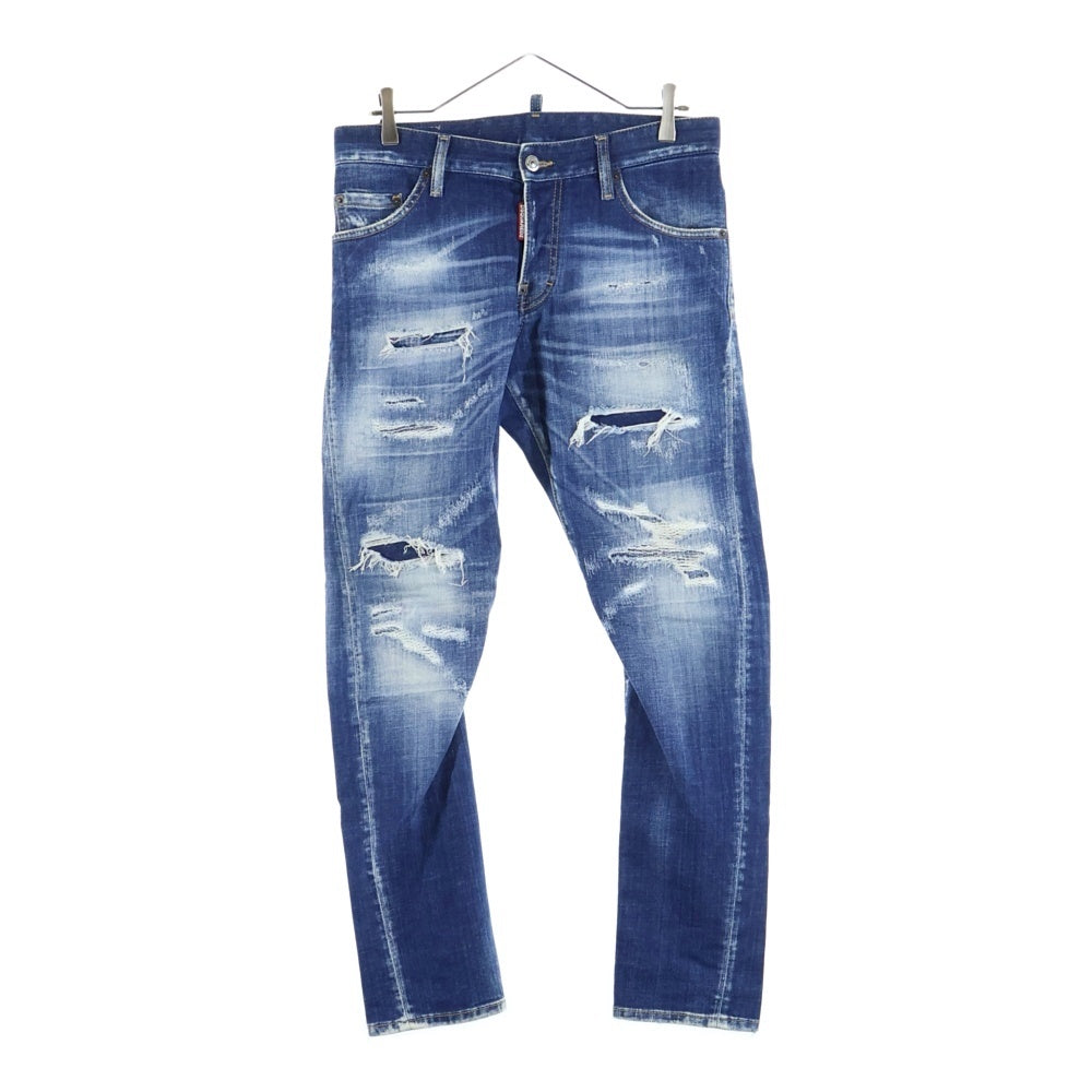 DSQUARED2(ディースクエアード) 23SS ロゴ パッチ ダメージウォッシュ加工 ボタンフライ デニムパンツ インディゴブルー S74LB1265