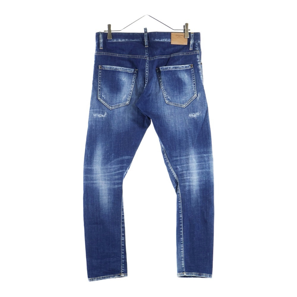 DSQUARED2(ディースクエアード) 23SS ロゴ パッチ ダメージウォッシュ加工 ボタンフライ デニムパンツ インディゴブルー S74LB1265
