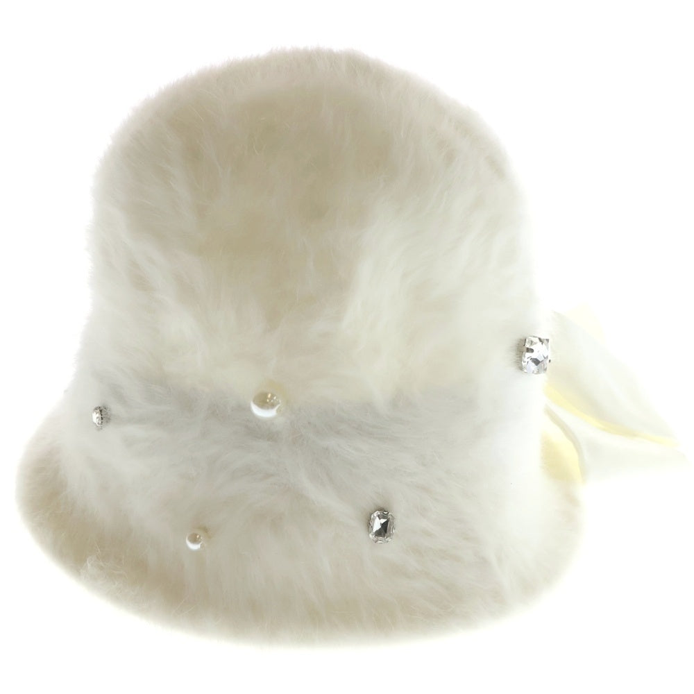NO BRAND(ノーブランド) M me eme エムミーエメ BIJOU RIBBON FEATHER BUCKET HAT ビジュー リボン フェザーバケットハット 帽子 ホワイト レディース 10387