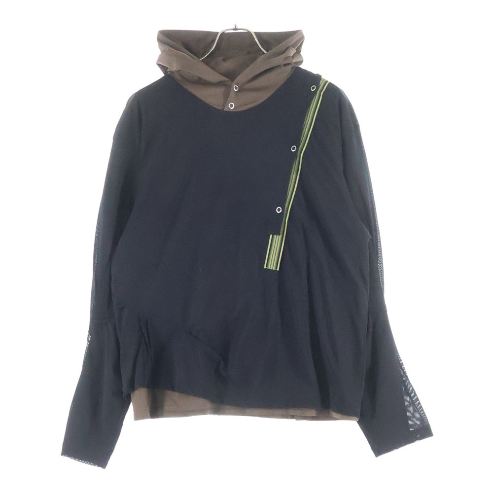 KIKO KOSTADINOV(キココスタディノフ) 25SS INEX HOODED TOP イネックス フーデッド トップ レイヤード 斜めボタン プルオーバーパーカー ブラック/ブラウン 00182025