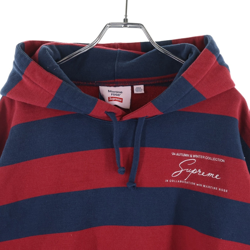 SUPREME(シュプリーム) 24AW ×MARTINE ROSE Hooded Sweatshirt マーティンローズ ボーダー 両面刺繍デザイン スウェット プルオーバーパーカー レッド/ネイビー