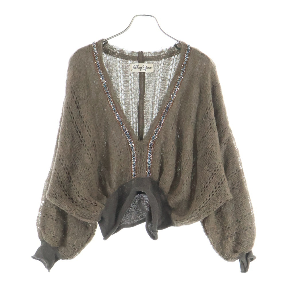 SHARE SPIRIT(シェアスピリット) モヘア混 ビーズ装飾 Vネック ローゲージニット セーター ブラウン レディース KA721