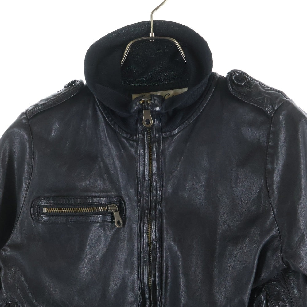 SHARE SPIRIT(シェアスピリット) 裾リブニットデザイン ジップアップ レザージャケット ブラック レディース FA819